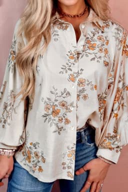 image-Apricot Floral Printed Silky Button Up Long Sleeve Shirt