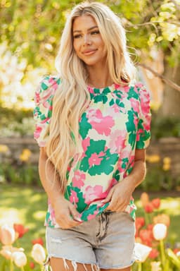 image-Green Abstract Print Ruched Blouse - Frilly Neck