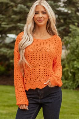 image-Carrot Open Crochet Scallop Edge Sweater