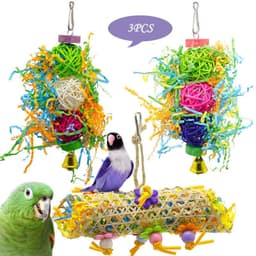 image-3pcs Bird Toy Parrot Gnawing Supplies Utensils Brushed Rattan Ball Grass Wooden Toys