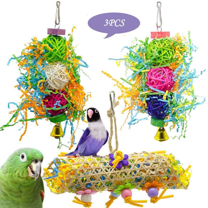 image-3pcs Bird Toy Parrot Gnawing Supplies Utensils Brushed Rattan Ball Grass Wooden Toys