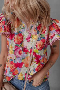image-Floral Short Sleeve Ruffled Lace Trim Blouse (58 characters)