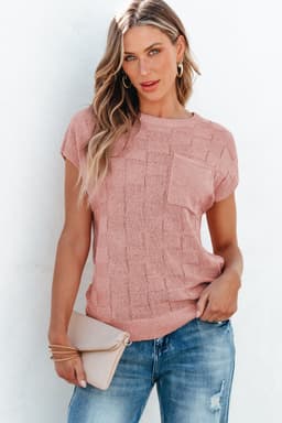 image-Pink Lattice Textured Knit Short Sleeve Sweater - Sizes S-3XL