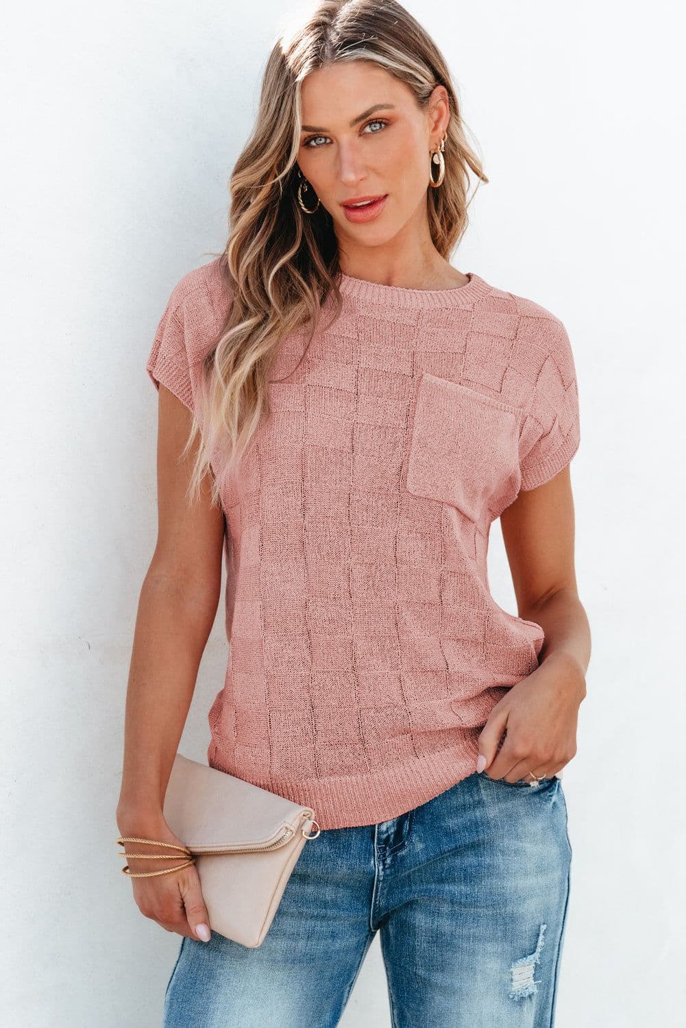 image-Pink Lattice Textured Knit Short Sleeve Sweater - Sizes S-3XL