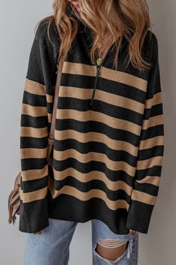image-Oversized Stripe Collared Quarter Zipper Sweater - Black (60 chars)
