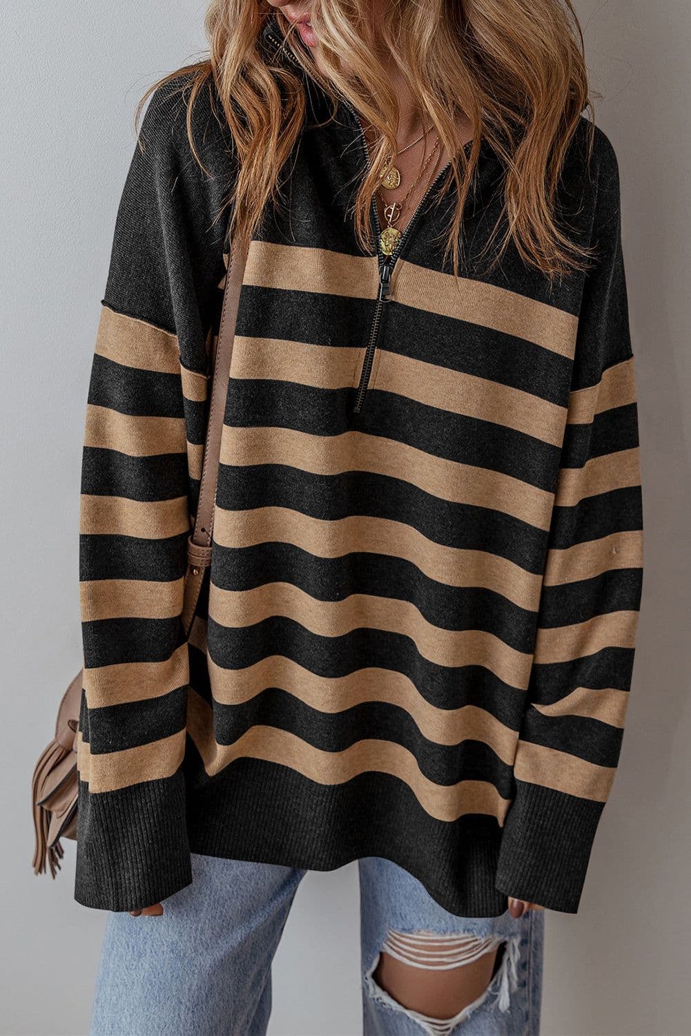 image-Oversized Stripe Collared Quarter Zipper Sweater - Black (60 chars)