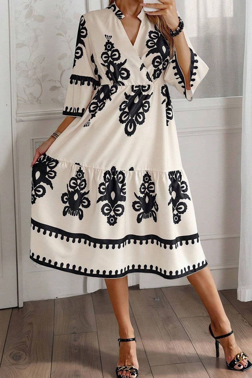 image-Geometric Print 3/4 Sleeve Loose Midi Dress - Black