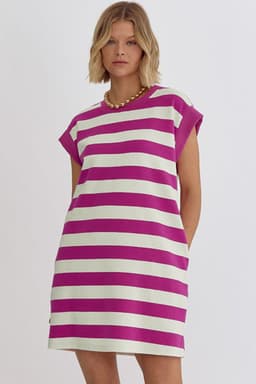 image-Rose Stripe Cap Sleeve Pocketed Shift T-shirt Dress