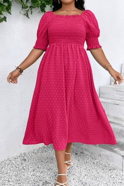 image-Plus Size Wisteria Swiss Dot Smocked Frilled Dress - Elegant