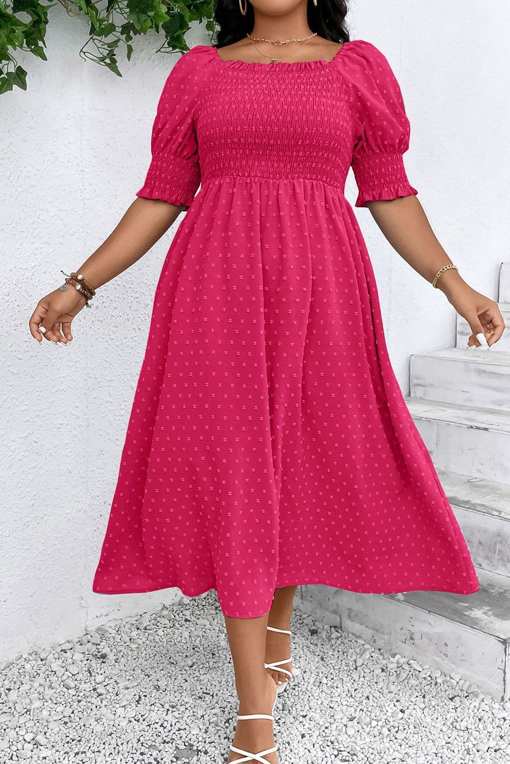 image-Plus Size Wisteria Swiss Dot Smocked Frilled Dress - Elegant
