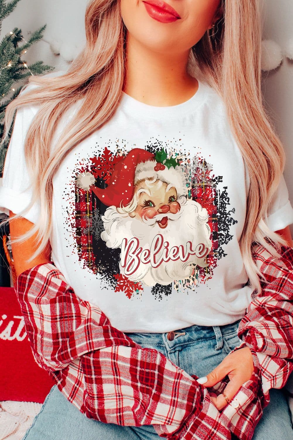 image-White Believe Christmas Father Graphic Crewneck T Shirt