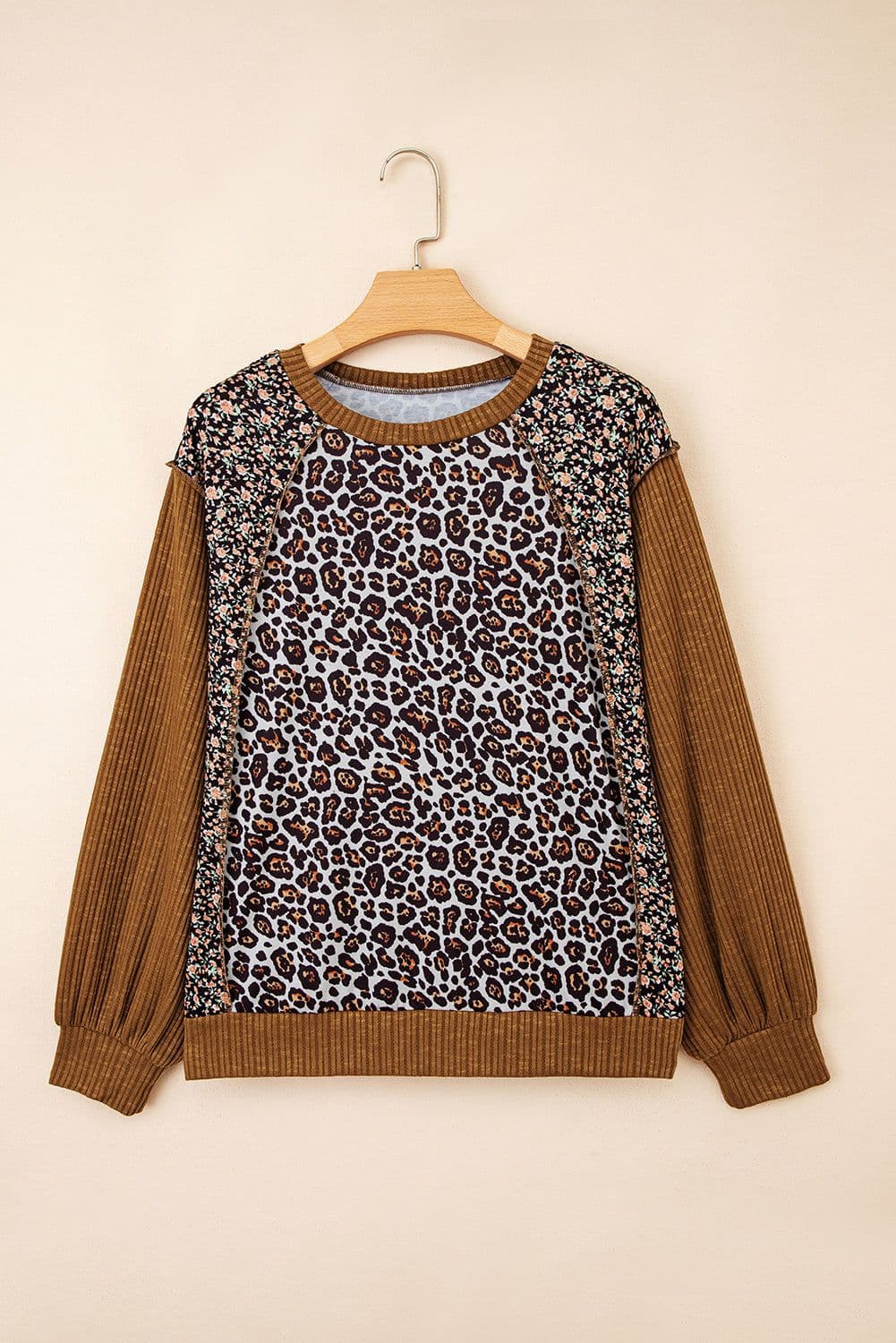 image-Brown Leopard Floral Print Puff Sleeve Pullover