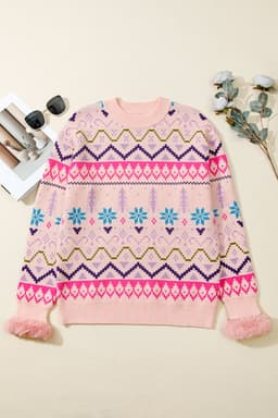 image-Multicolor Christmas Pattern Knit Sweater - Feather Cuff
