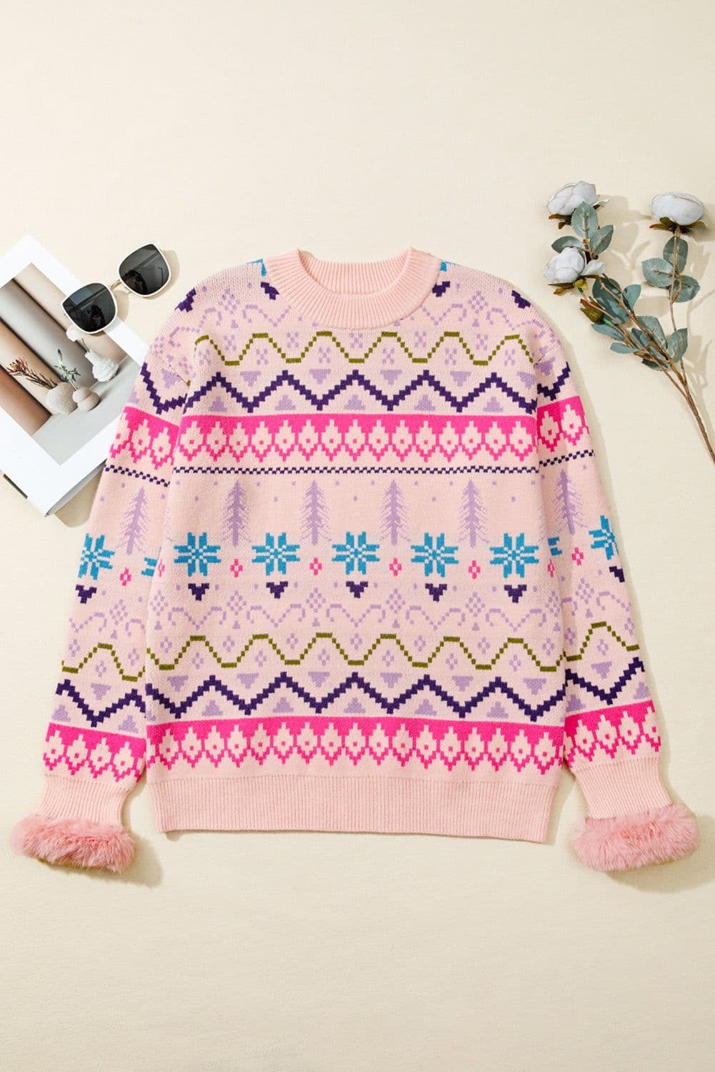 image-Multicolor Christmas Pattern Knit Sweater - Feather Cuff