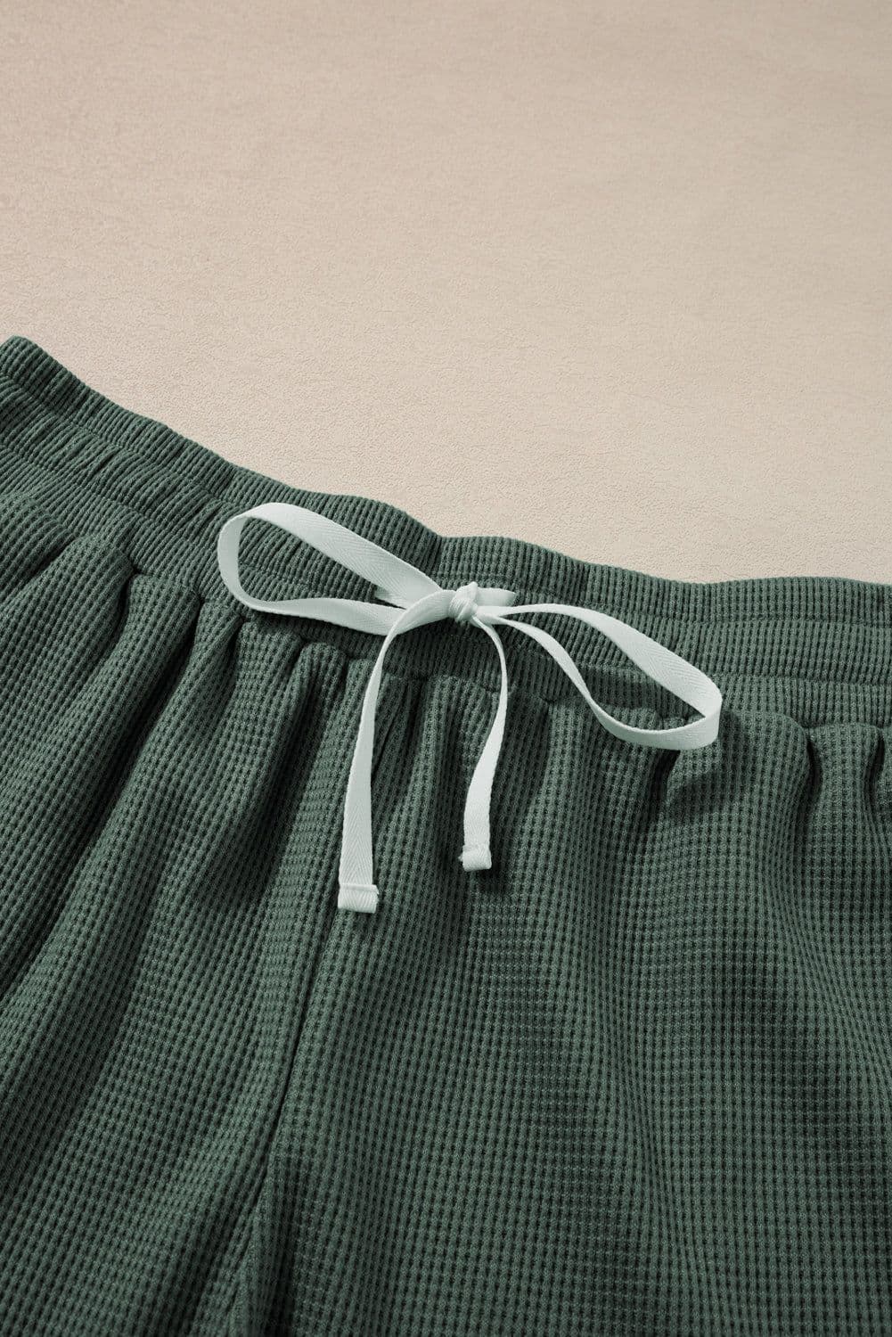 image-Mist Green Waffle Knit Tank & Shorts Set with Patched Pockets & Drawstring