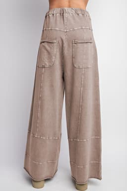 image-Smoke Gray Mineral Wash Exposed Seam Drawstring Elastic Waistband Wide Leg Cargo Pants