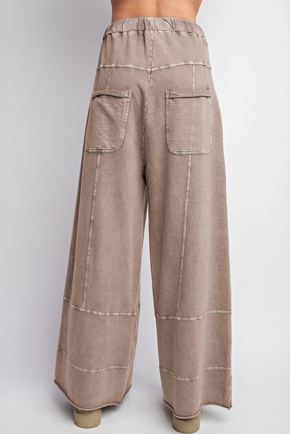 image-Smoke Gray Mineral Wash Exposed Seam Drawstring Elastic Waistband Wide Leg Cargo Pants