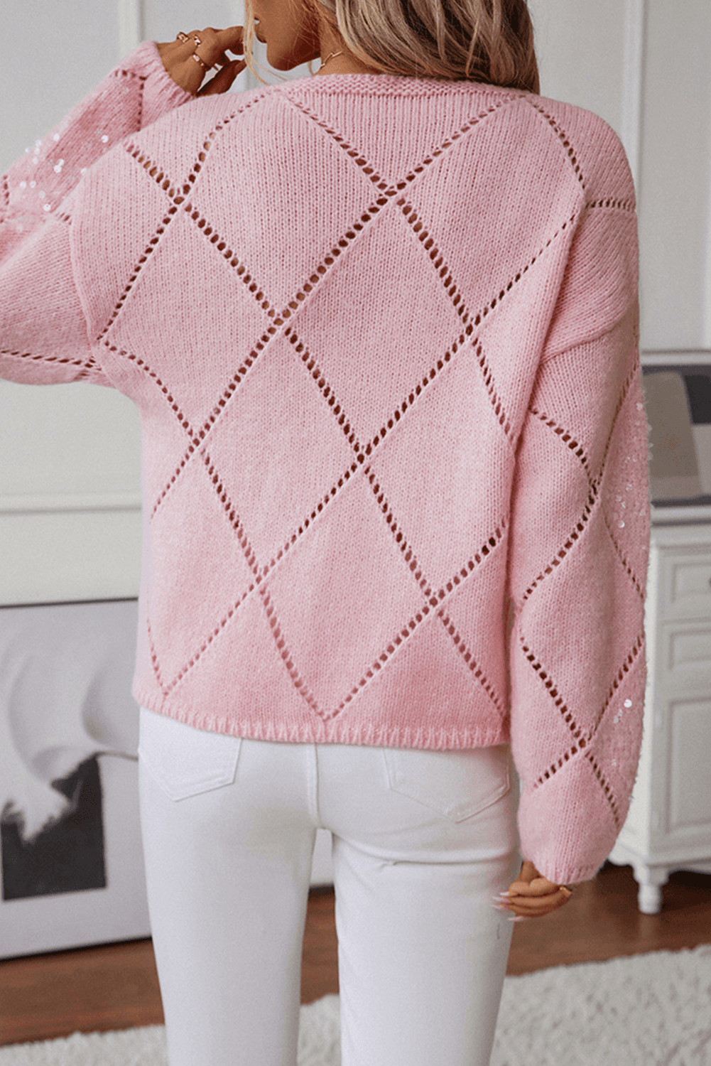image-Light Pink Sequin Detail Round Neck Sweater with Hollowed Rhombus Pattern