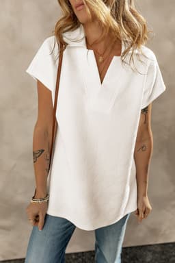 image-White Textured V Neck Collared Short Sleeve Top