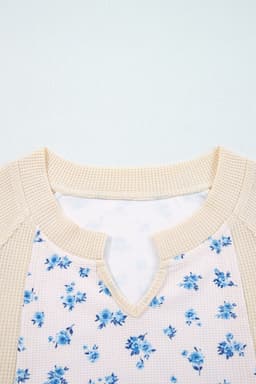 image-Beige Waffle Knit Floral Color Block Top