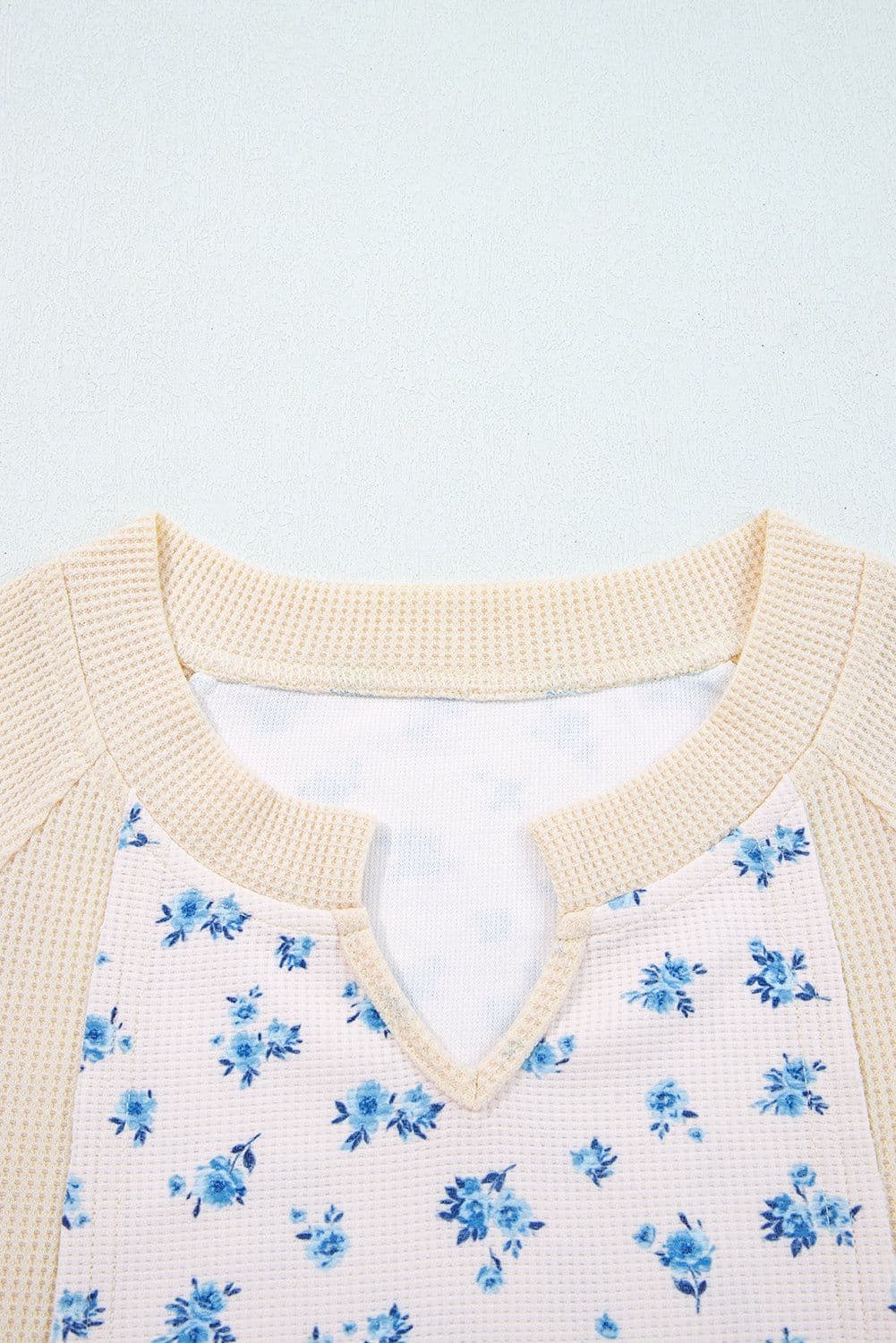image-Beige Waffle Knit Floral Color Block Top