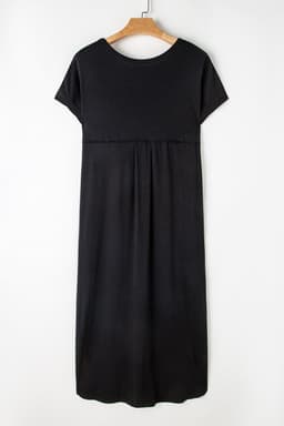 image-Black V Neck Splits Maxi T-shirt Dress, Lightweight, Breathable, S-XL