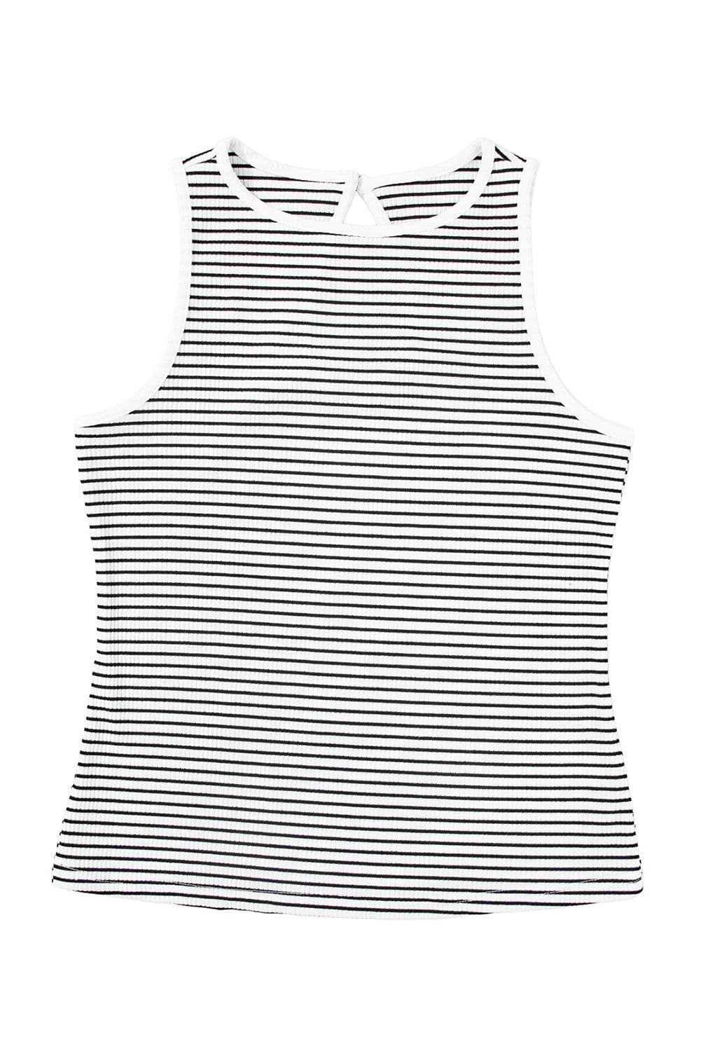image-White Striped Print Ribbed Knit Sleeveless Top
