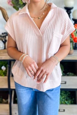 image-Light Pink Collared V Neck Ribbed Tee