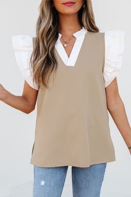 image-Pale Khaki Contrast V Neck Ruffled Knit Top