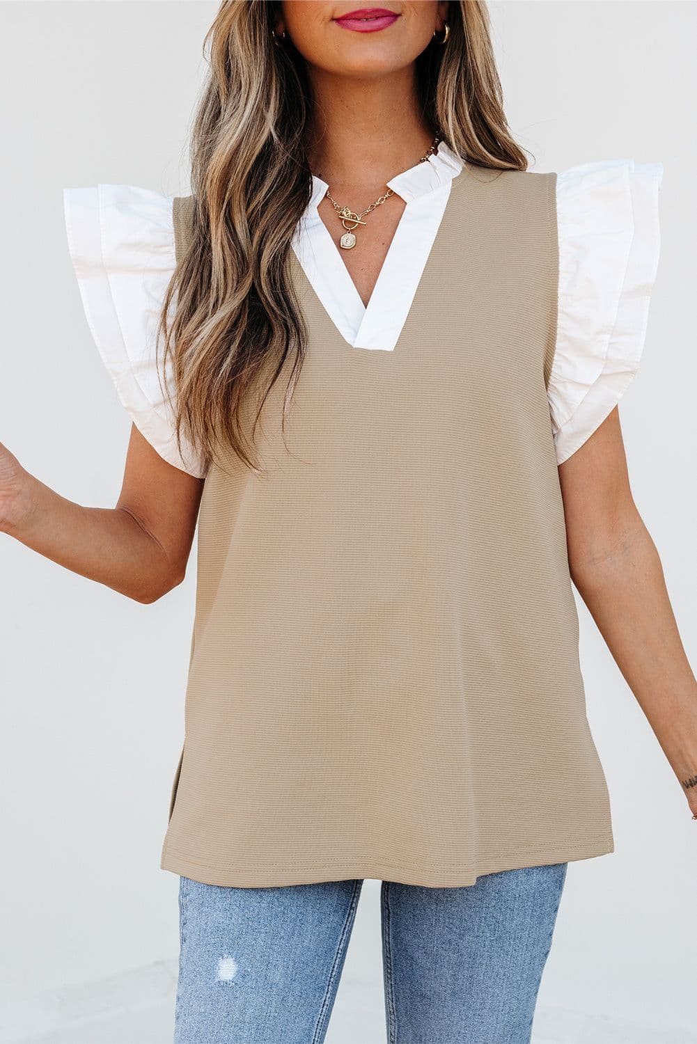 image-Pale Khaki Contrast V Neck Ruffled Knit Top
