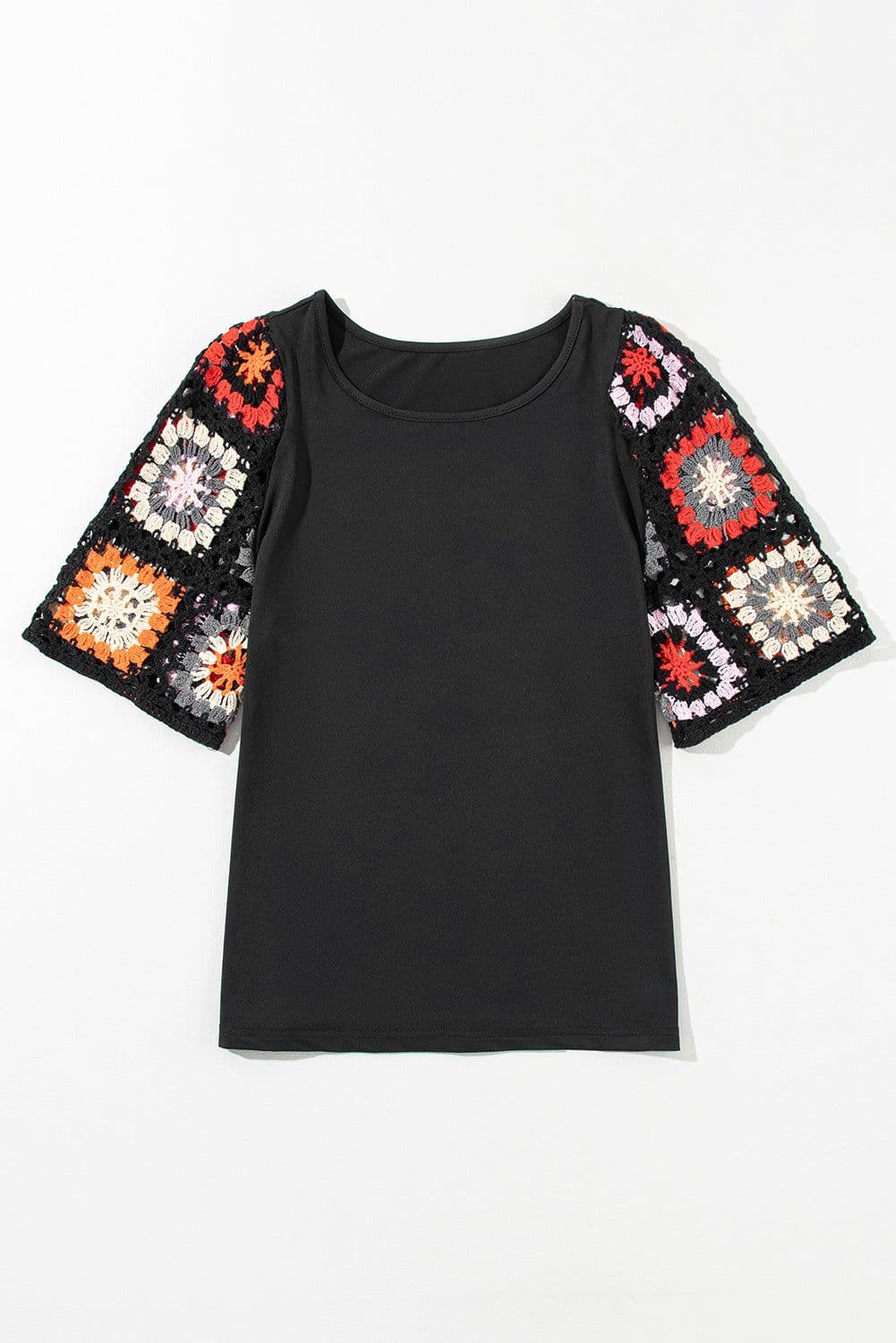 image-White Floral Crochet Top - Short Sleeve, Chic Round Neck, Relaxed Fit
