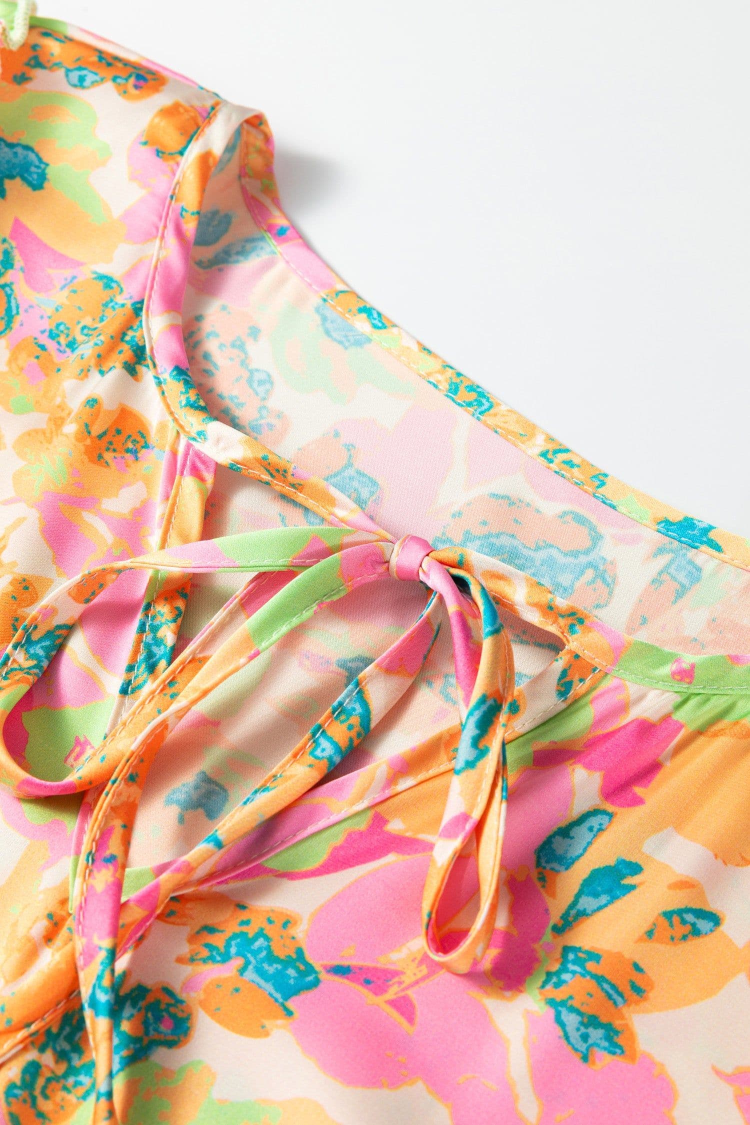 image-Orange Split V Neck Short Sleeve Flower Blouse