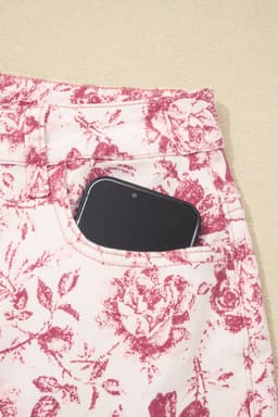 image-Pink Vintage Floral Print Denim Shift Pants