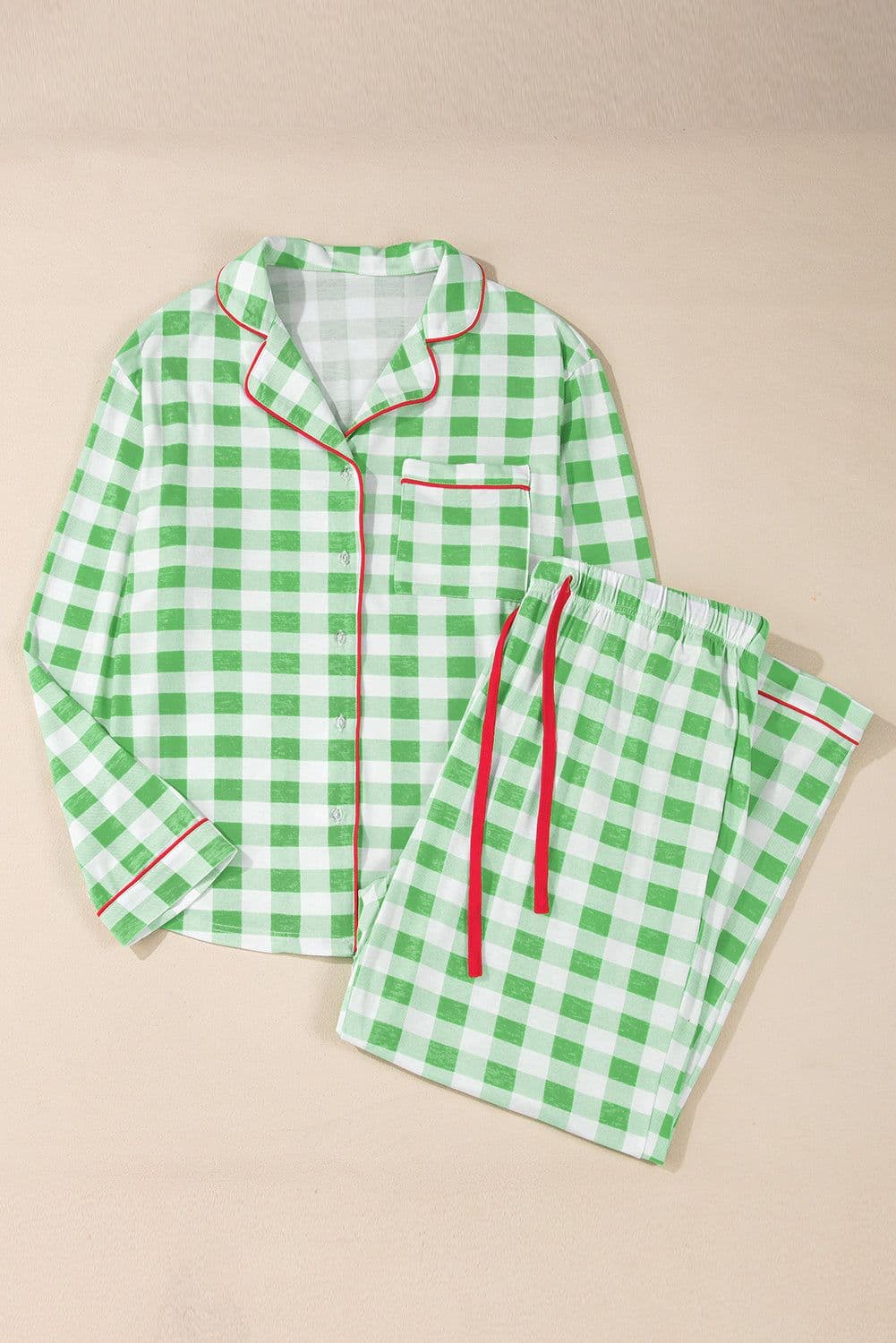 image-Green Plaid Print Contrast Trim Long Sleeve Plus Size Pajama Set