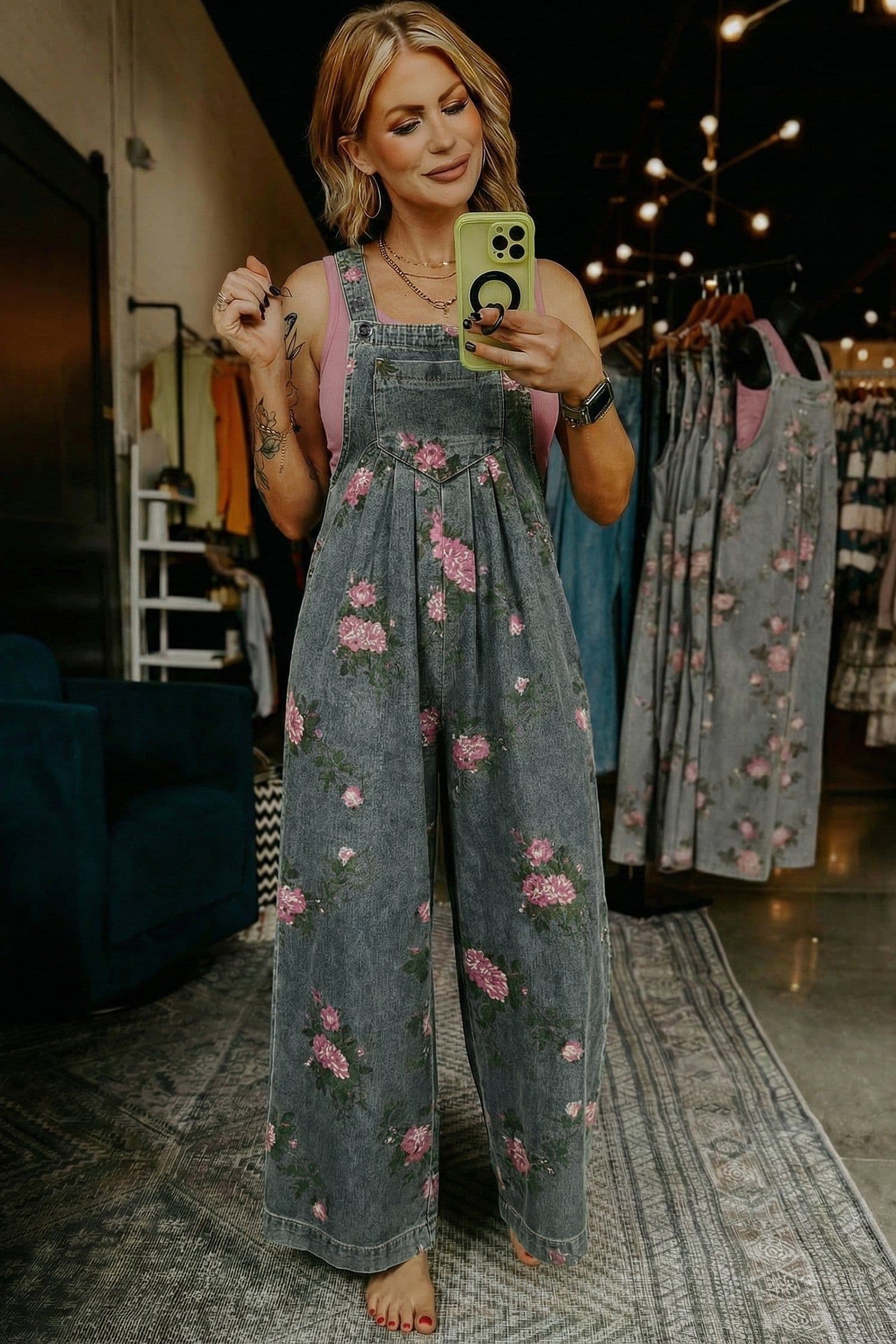 image-Beau Blue Floral Print Wide Leg Denim Jumpsuit Overalls
