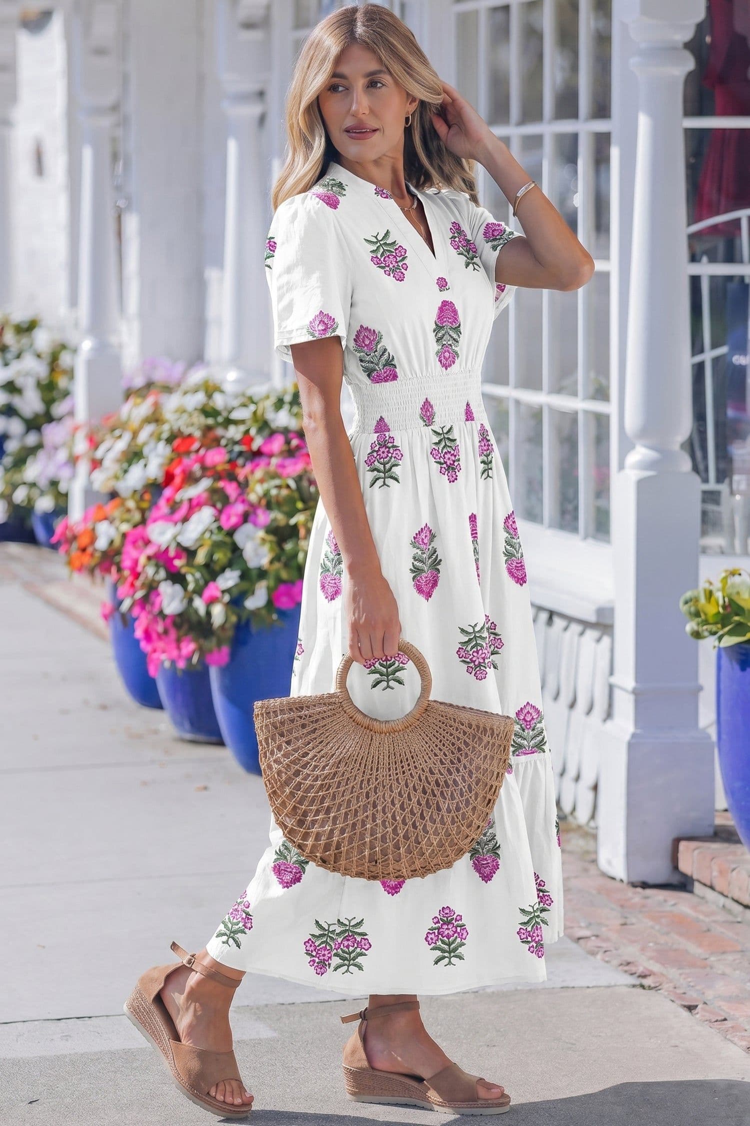 image-Floral Print Maxi Dress - Split Neck, Shirred Waist, Ruffle Hem - 60" Long