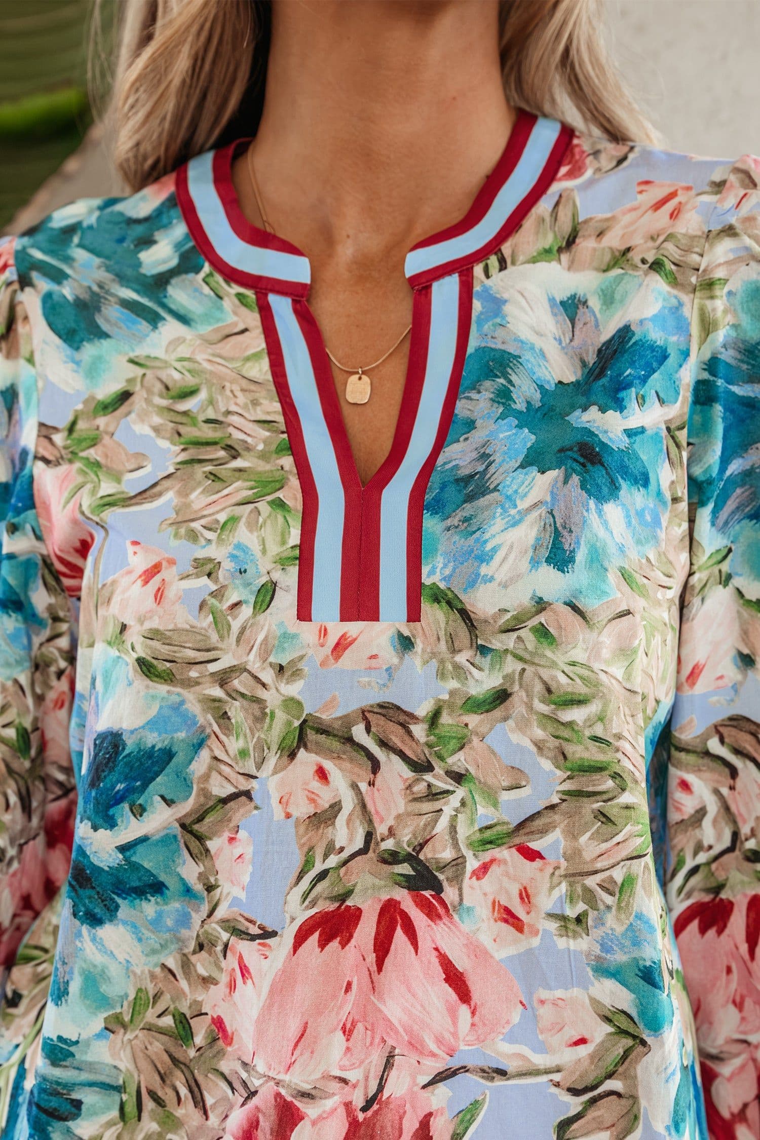 image-Sky Blue Floral Blouse V Neck Cuffed Sleeves