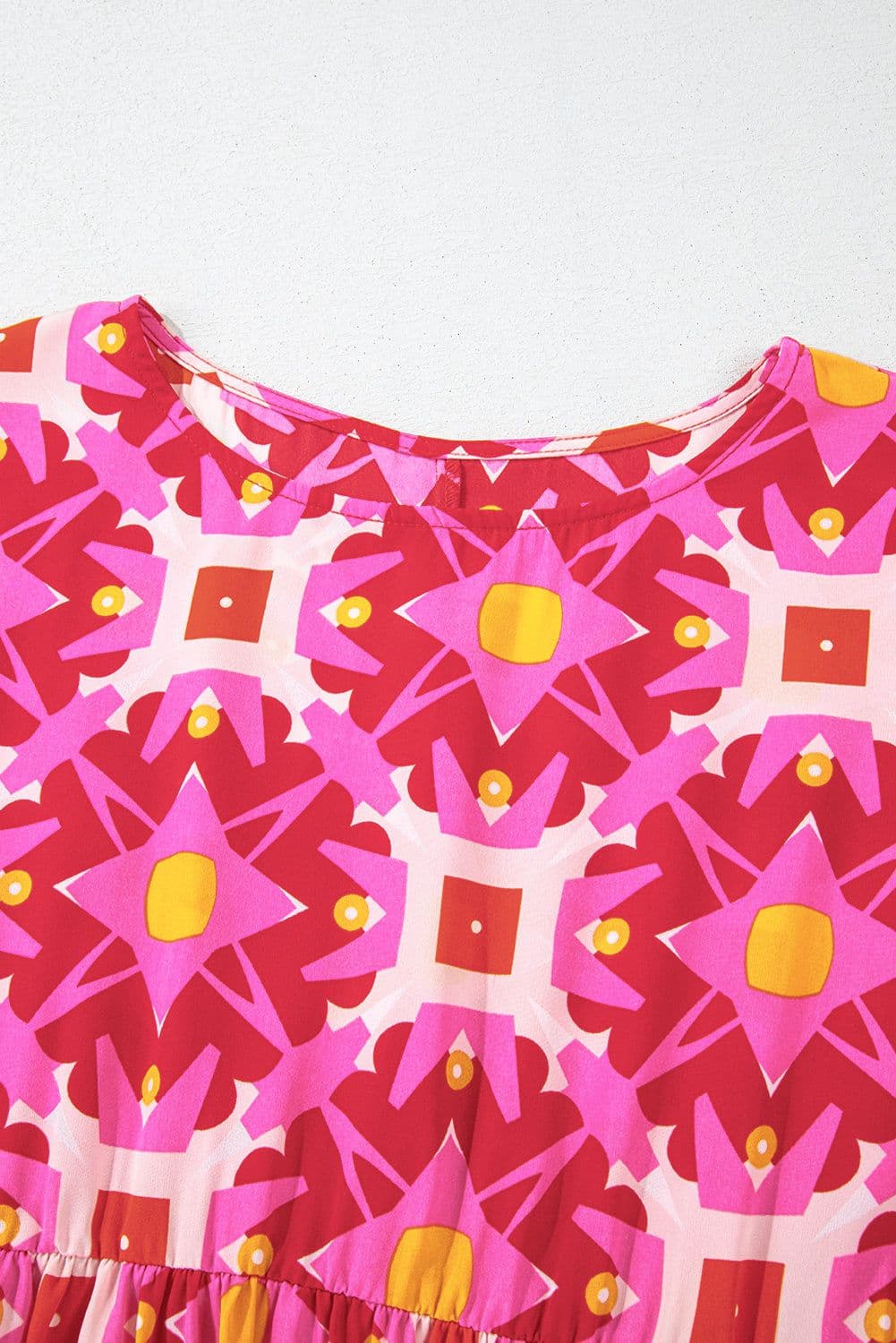 image-Strawberry Pink Geometric Print Smocked Long Sleeve Mini Dress