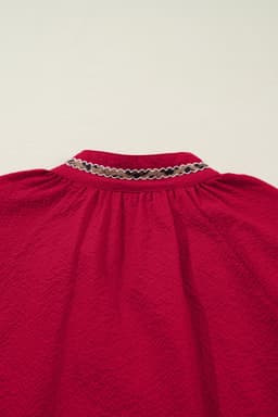 image-Racing Red Leopard Jacquard Print V Neck Textured Blouse
