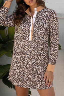 image-Khaki Leopard Print Flared Dress with Striped Collar - Long Sleeve