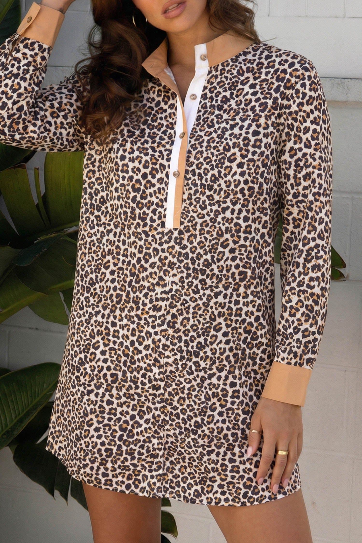 image-Khaki Leopard Print Flared Dress with Striped Collar - Long Sleeve