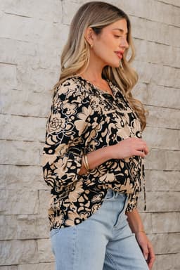 image-Black Floral Boho Blouse - Shirred Yoke Bracelet Sleeve