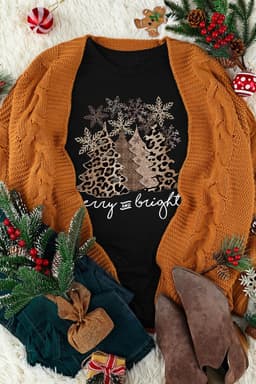 image-Black Leopard Christmas Tree Graphic Crew Neck T-Shirt