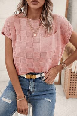 image-Pink Lattice Textured Knit Short Sleeve Sweater - Sizes S-3XL