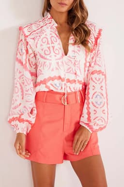 image-Vintage Desert Flower Blouse with Poet Collar & Billowy Sleeves
