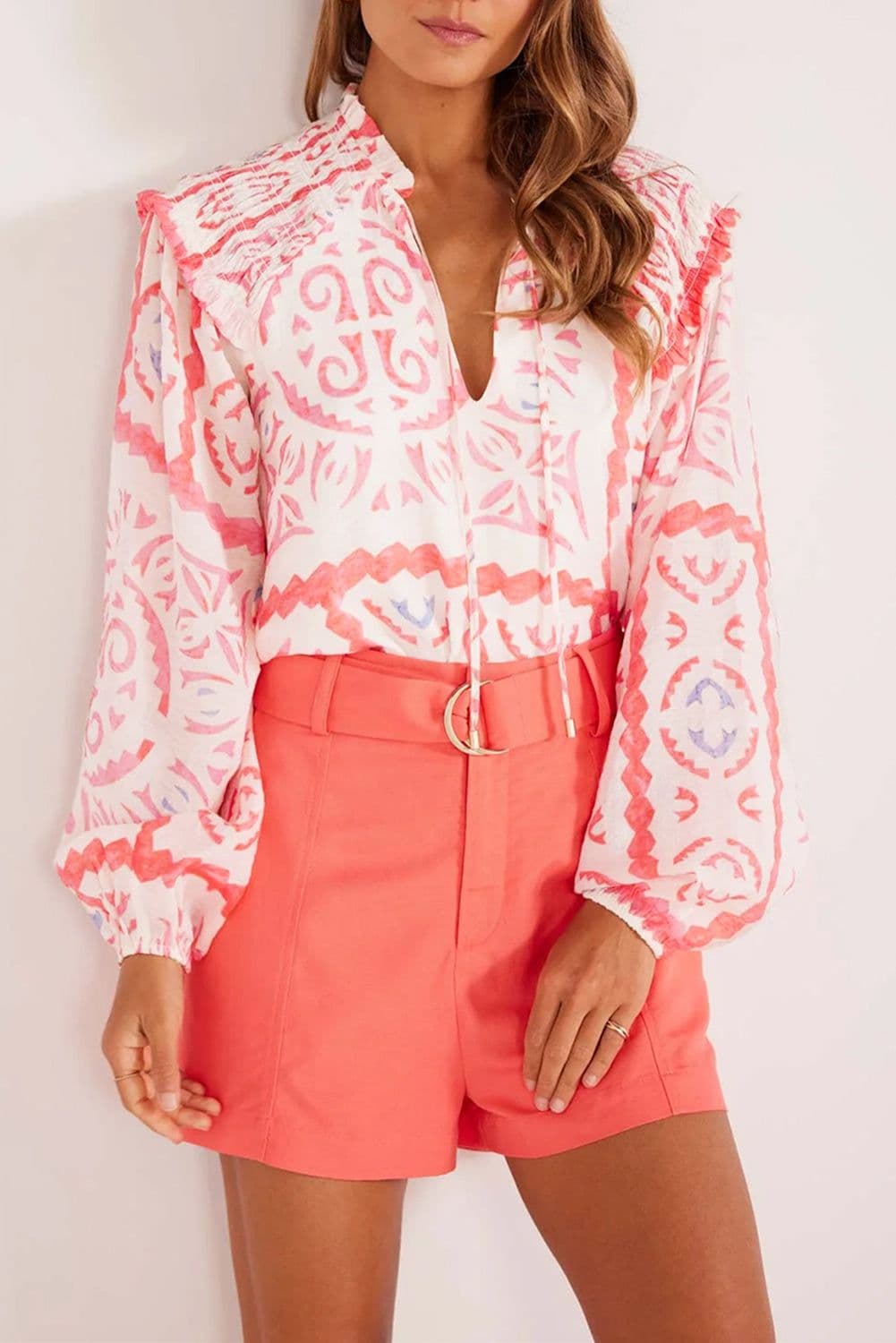 image-Vintage Desert Flower Blouse with Poet Collar & Billowy Sleeves