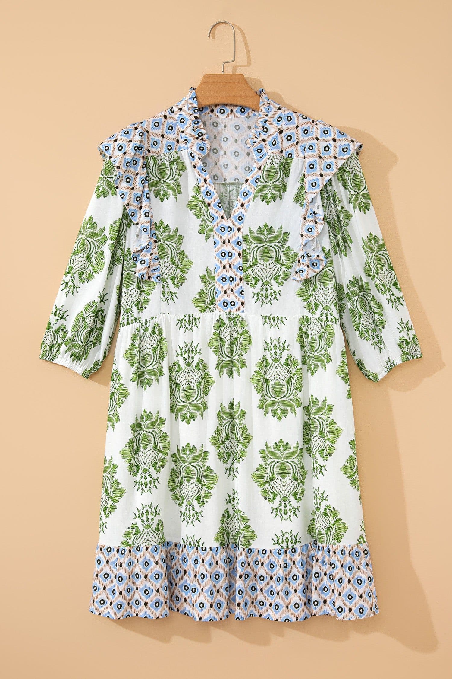 image-Green Floral Print Contrast Patchwork Ruffle Detail Mini Dress