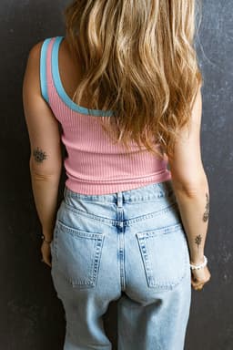 image-Pink Colorblock Edge Ribbed Knit U Neck Tank Top