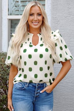 image-Rose Polka Dot Print Shirred Yoke Notched Neck Balloon Sleeve Blouse