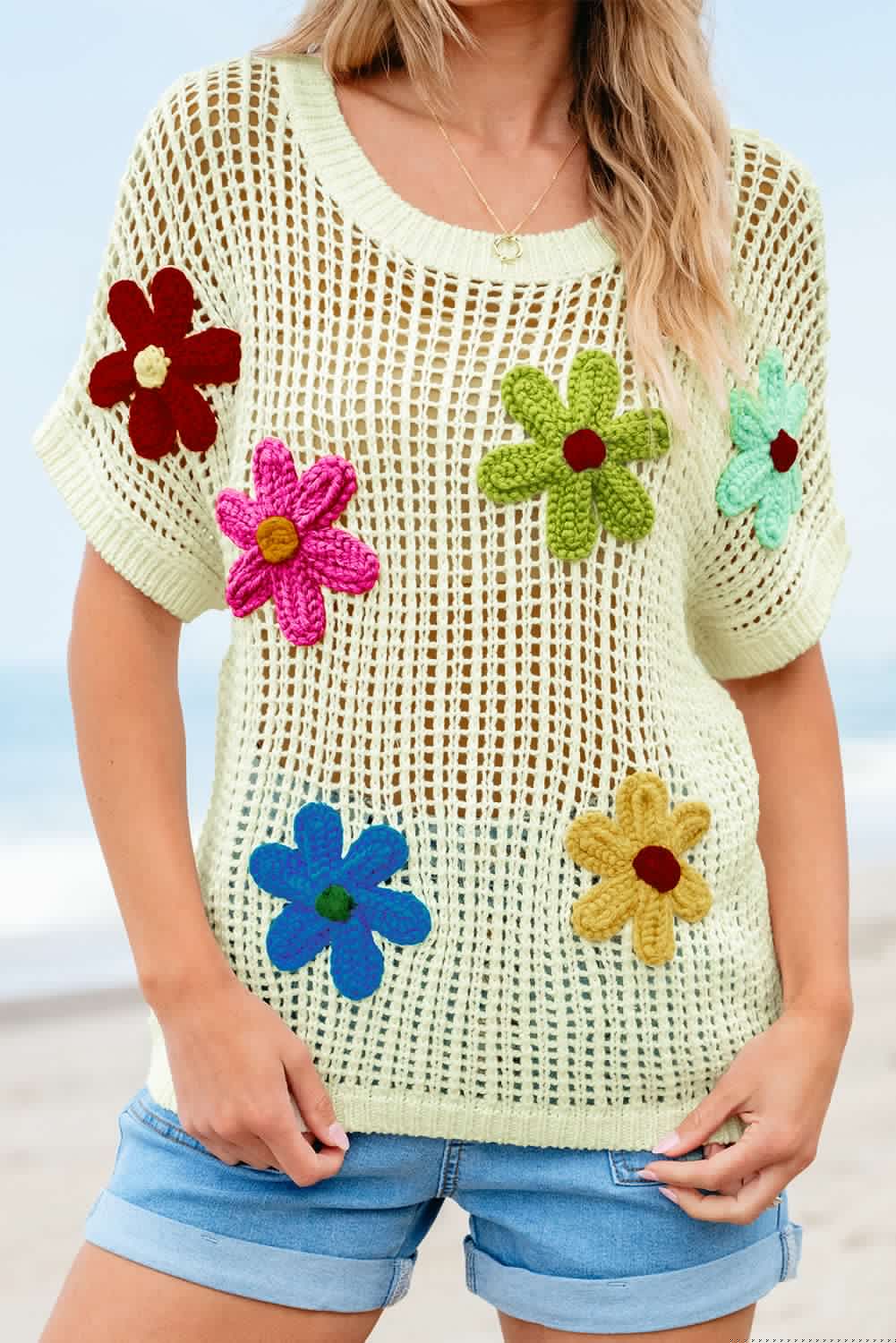 image-White Crochet Flower Hollow-out Sweater T-Shirt